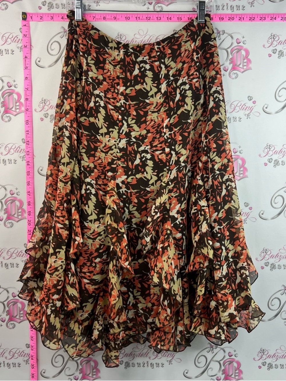 Très you Ruffle Skater Skirt midi Floral Flowy Tiered with Brown, Orange & Cream